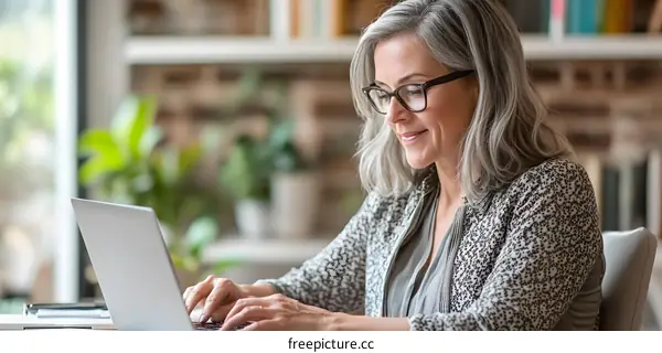 Smiling Senior Woman Working on Laptop