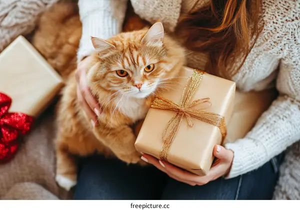 Woman Holding a Cat with Christmas Gift