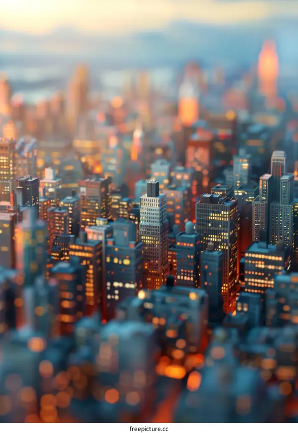 Cityscape with Gleaming Skyscrapers and Illuminated Buildings