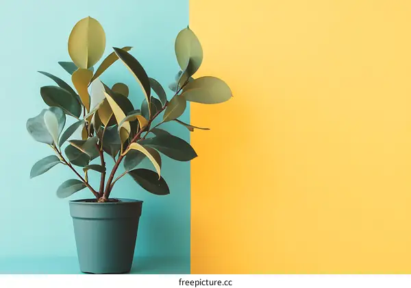 Green Plant in Pot on a Blue and Yellow Background