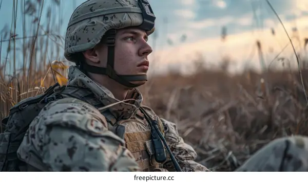 A pensive soldier sits on the ground in a contemplative mood