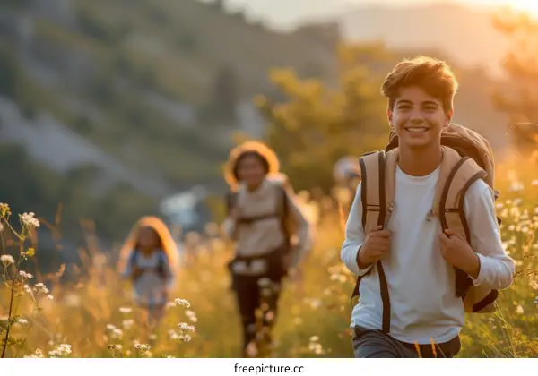 Happy teenage boy hiking in nature with friends