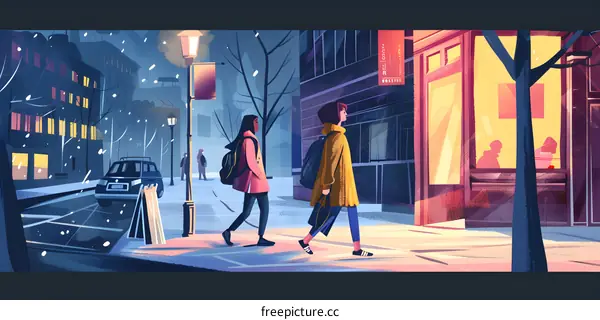Snowy Night in the City with Two Female Friends Walking