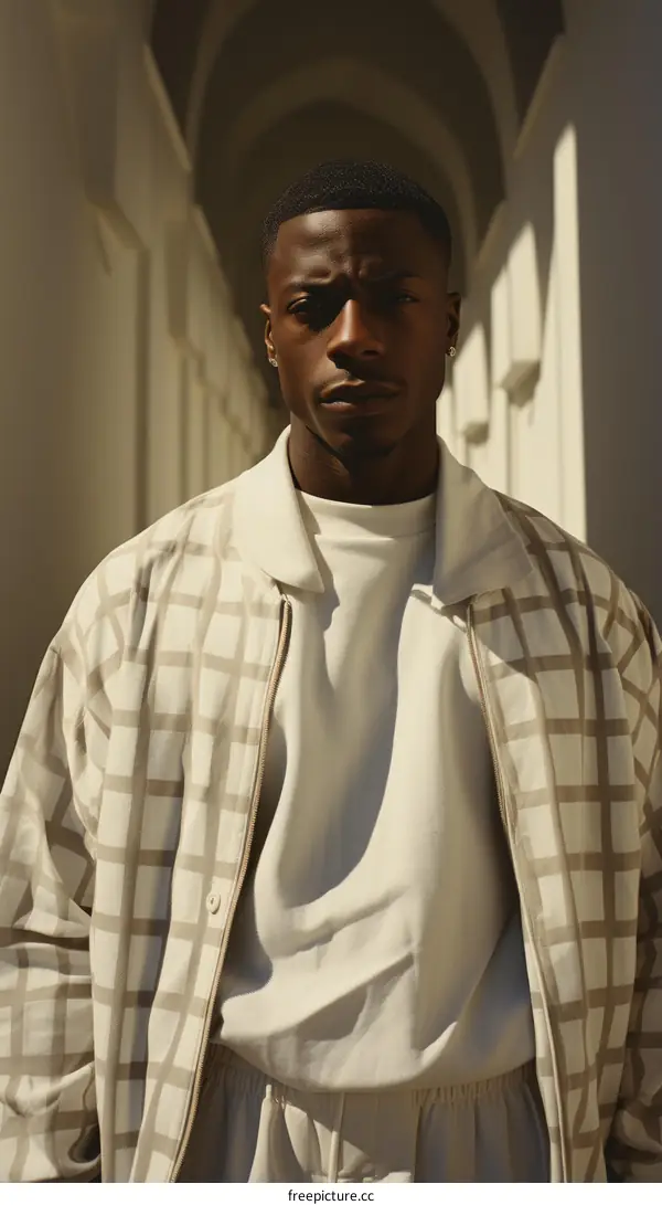portrait of a young black man in a white shirt and beige jacket