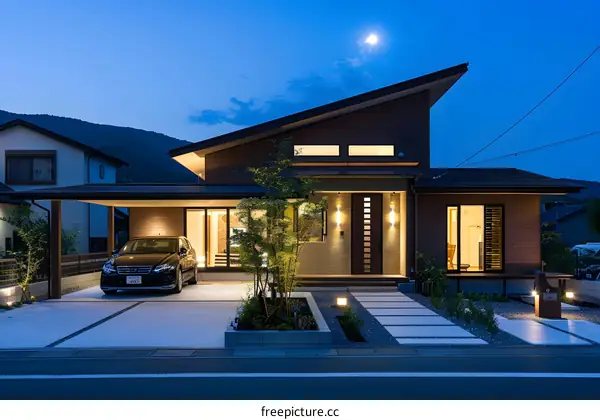 Modern House with a Carport and a Garden in the Evening