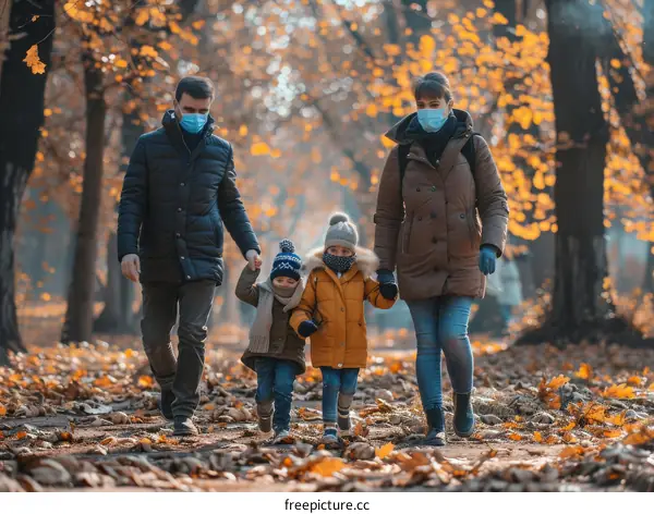 Family walking in the autumn park wearing medical face masks
