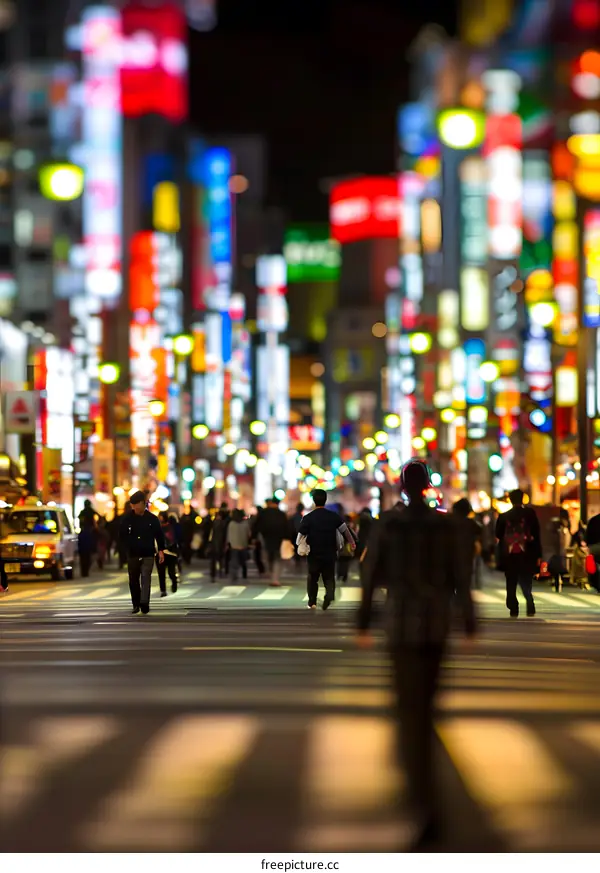 Nighttime Street in Tokyo with Blurry Lights and People Walking