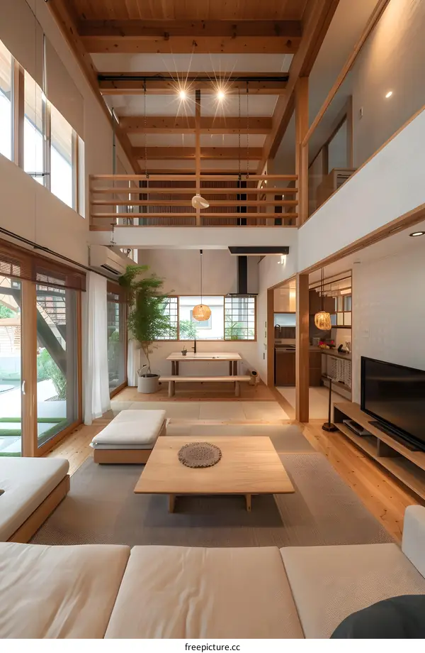 Modern Japanese Style Living Room Interior Design With Wooden Beams And Natural Light