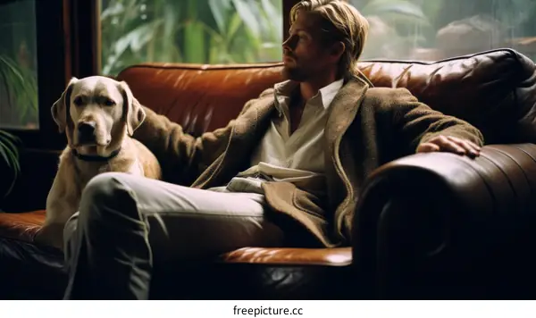 A man and his dog are sitting on a couch