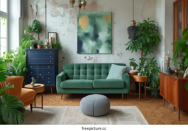 Green living room interior with velvet sofa and plants