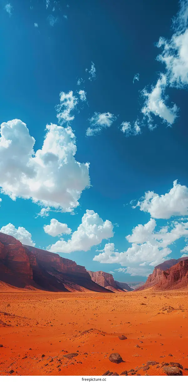A vast desert landscape with red rocks and blue sky