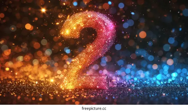 Pink glitter number 2 against blue and gold bokeh background