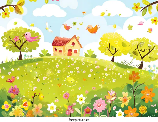 Springtime Meadow with Cottage and Birds