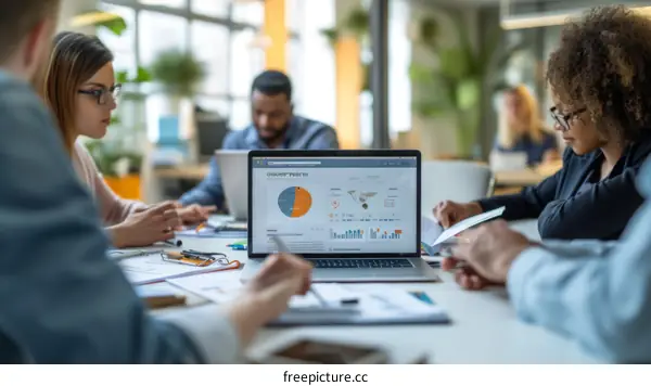 Multiethnic business team analyzing financial report in modern office