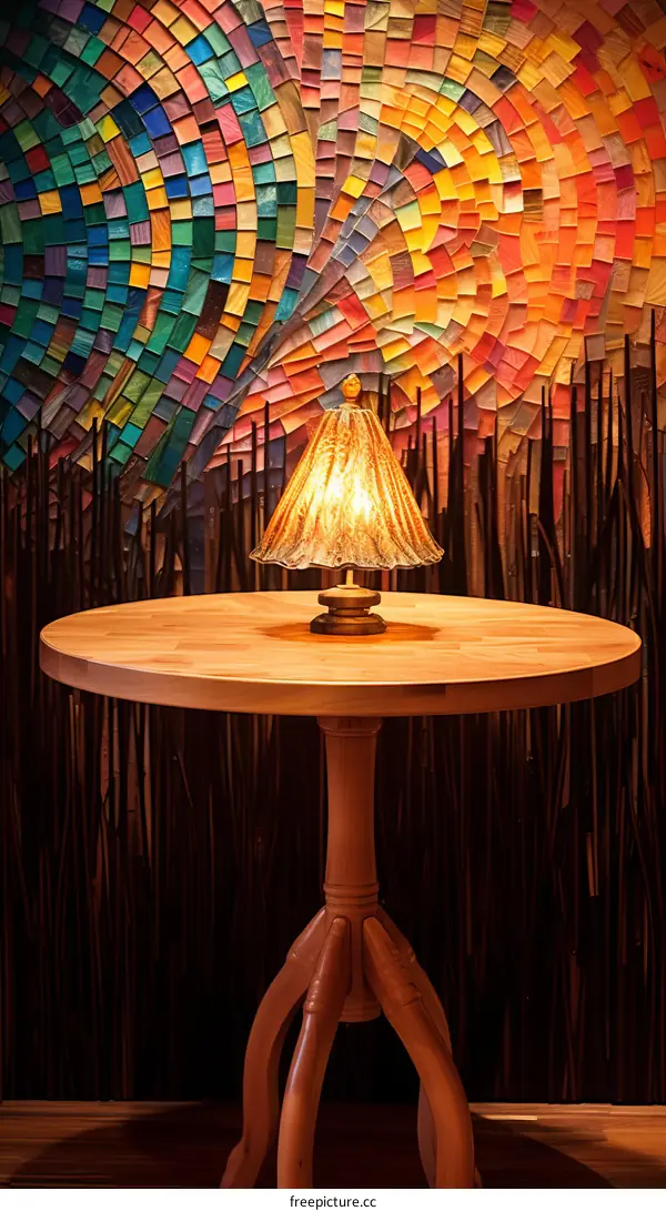 An artistic table lamp with a colorful mosaic backdrop
