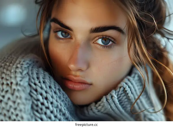 Portrait of a beautiful young woman with blue eyes and freckles
