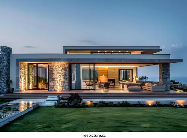 Modern Luxury Villa with Stone Facade and Open Living Area
