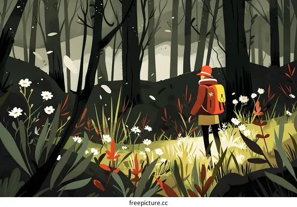 Woman Walking Through the Forest With Flowers