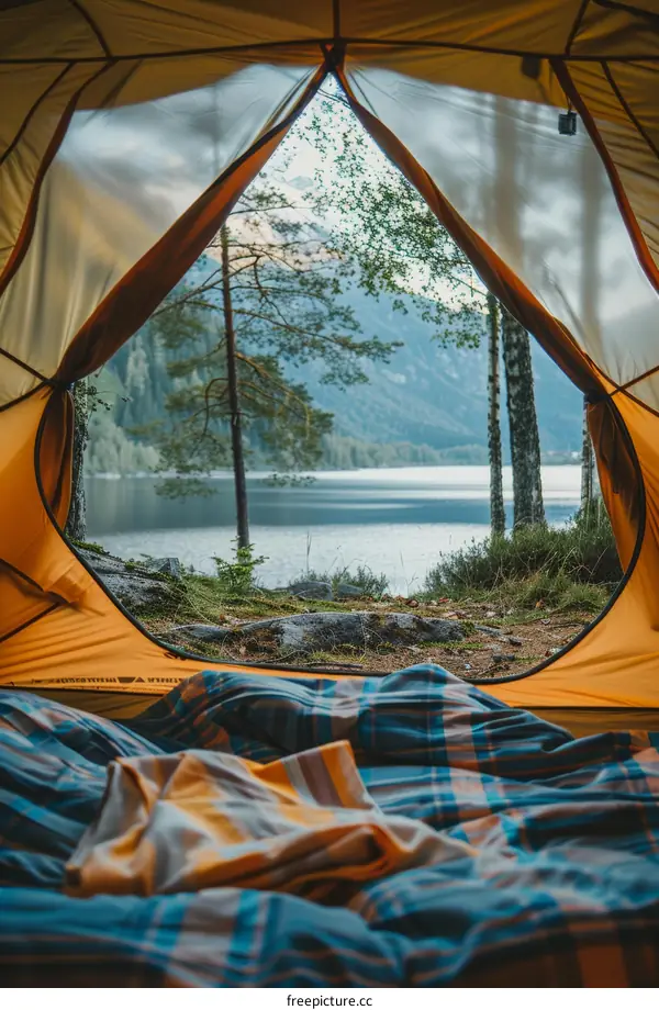 Camping in the great outdoors by the lake surrounded by mountains