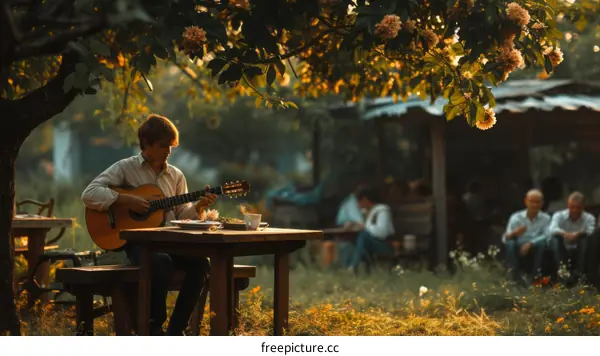 Man playing guitar under tree with people in background
