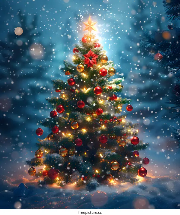 Christmas tree shining in the snow