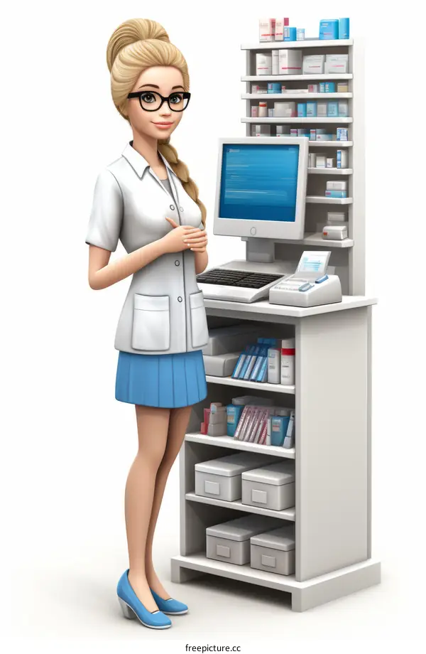 Blond Pharmacist Woman Standing Next To Pharmacy Shelves