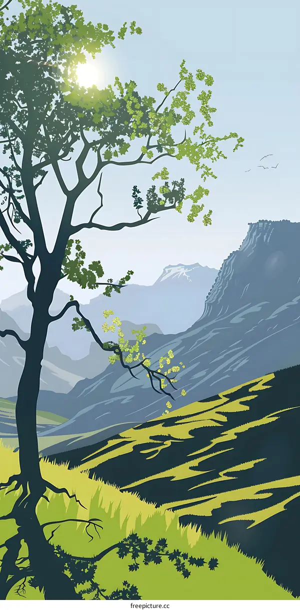 Sunlit Landscape with Tree and Mountains