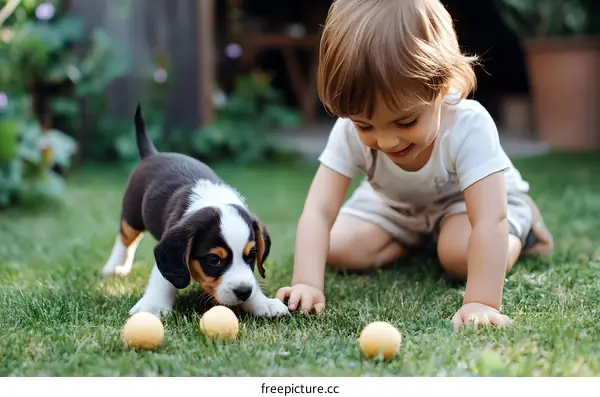 Toddler Playing With Puppy In The Garden