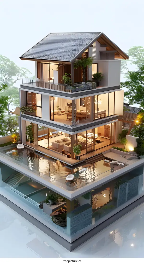 A modern house with a pool on the first floor