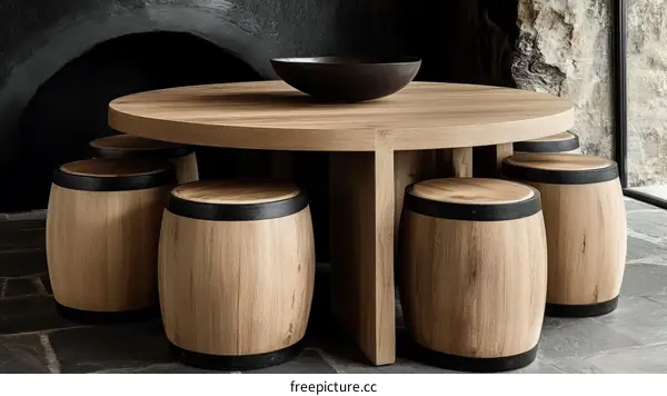 Round Wooden Dining Table and Bar Stools