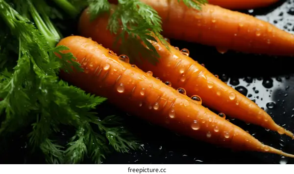 Fresh carrots with green leaves on a black background