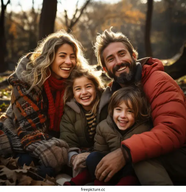 Happy family of four in the park