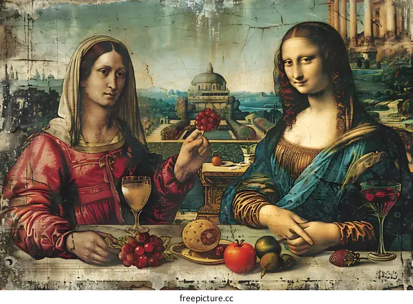 Two Women in Renaissance Style with Fruit and Wine