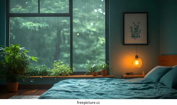 Rainy Day Bedroom Interior with Plants and Soft Lighting