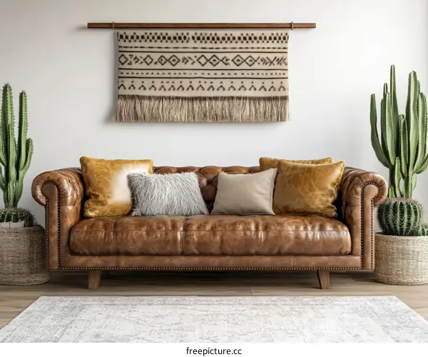 Cozy Living Room Interior Design with Leather Sofa and Wall Decor