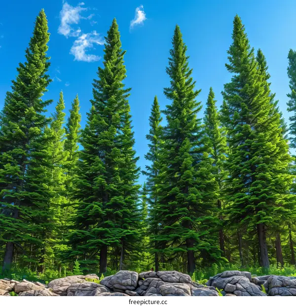 Green trees against a blue sky