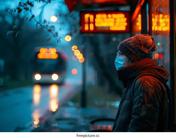 A lone person wearing a mask waits for the bus in the rain