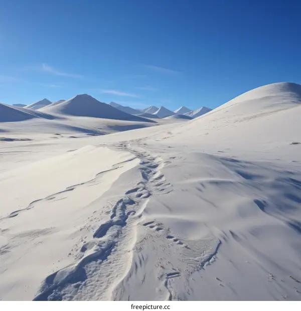 Snow-covered mountain landscape with footprints in the snow