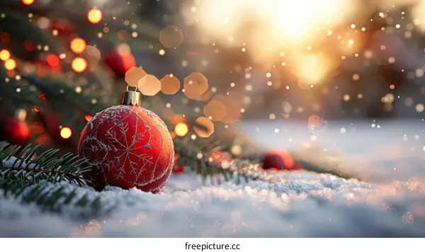 Red Christmas Ornament in Snowy Forest with Sunset