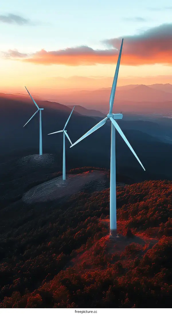 Sunrise over Wind Turbines in Mountainous Landscape