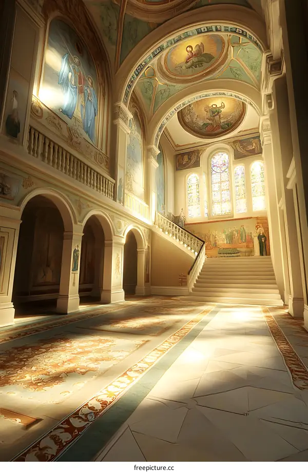 Grand Staircase Interior With Stained Glass Windows