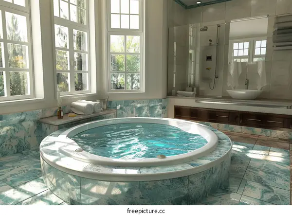 Modern Bathroom Interior Design With A Jacuzzi And Large Windows