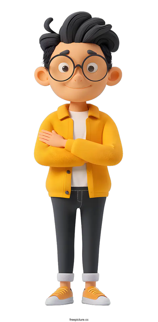 [Transparent Background PNG]Smiling 3D Cartoon Character Boy Wearing Yellow Jacket