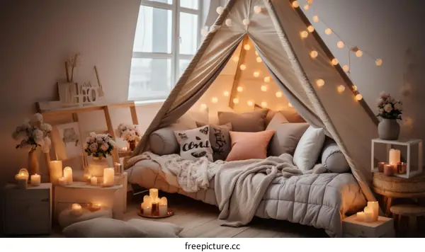 Cozy bedroom interior with pillows, cushions and candles