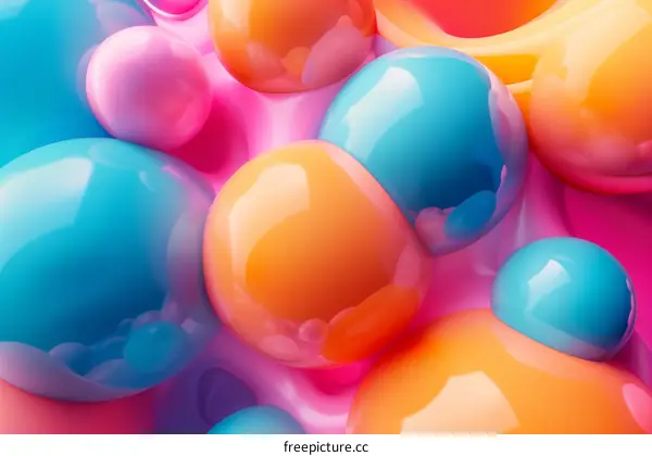 Colorful bubbles float in a pink liquid