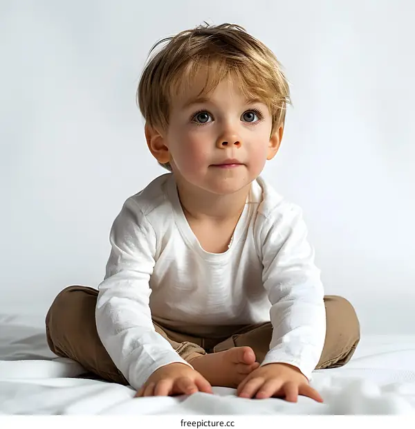 Adorable Little Boy Sitting on White Blanket