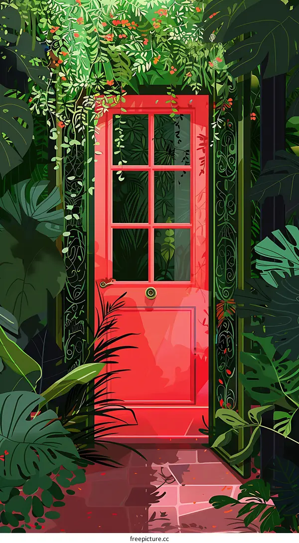 Red Door Hidden in Greenery