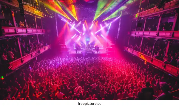 An aerial view of a large crowd at a rock concert