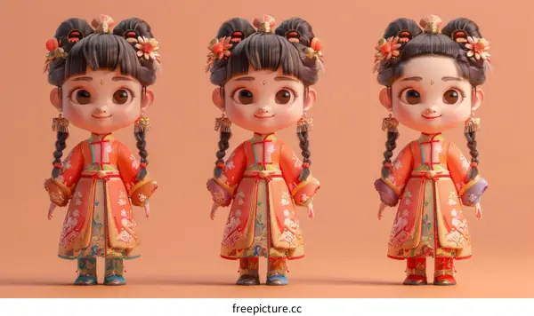 Three cute Chinese girls in traditional Chinese clothing