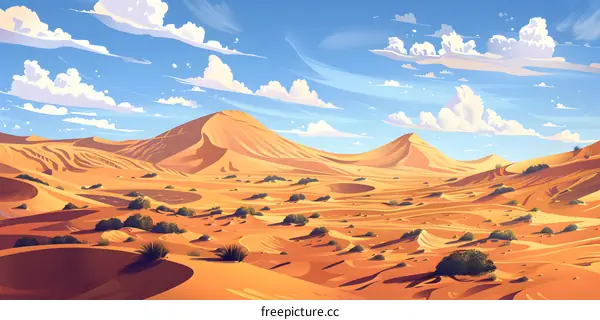Desert Landscape with Blue Sky and White Clouds
